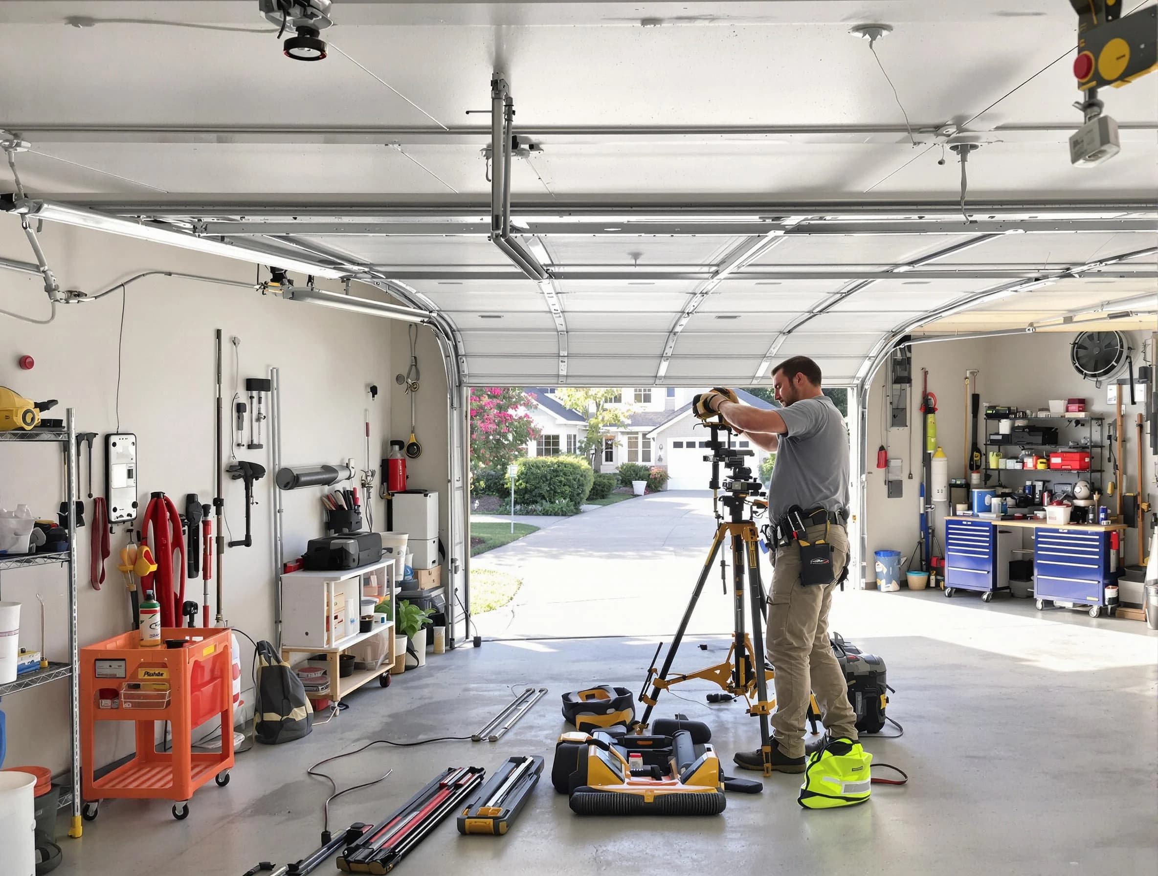 Belen Garage Door Repair specialist performing laser-guided track alignment in Belen