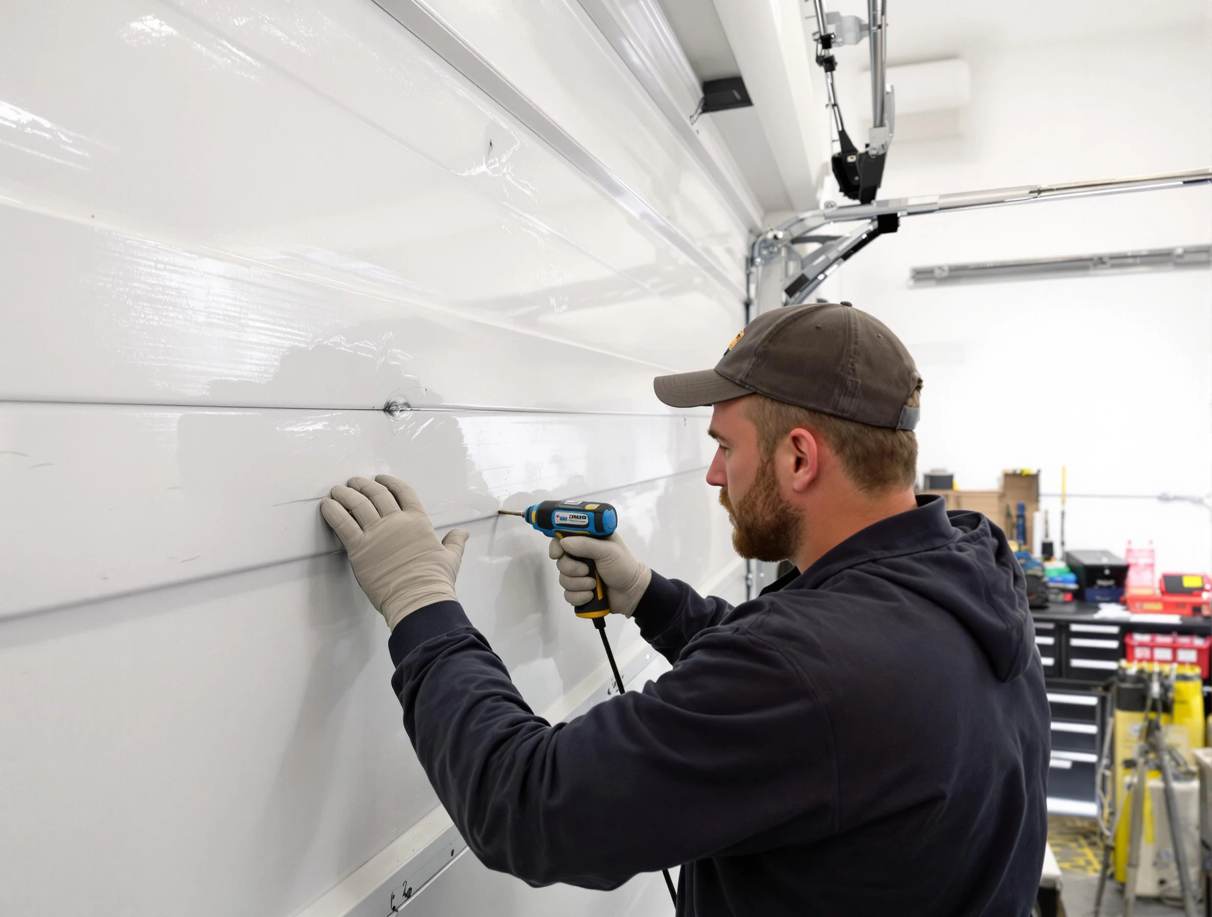 Belen Garage Door Repair technician demonstrating precision dent removal techniques on a Belen garage door